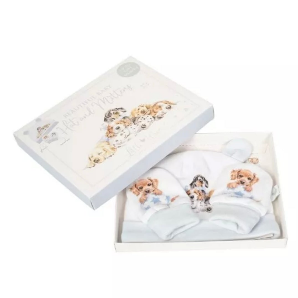 Wrendale Designs 'Little Paws' Baby Newborn Hat & Mitten Set. Dog Design.