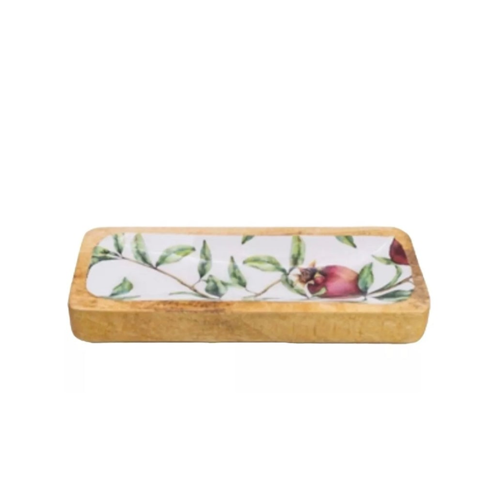 Rectangular Wood Dish With Pomegranate Enamel Top. 30.5cm