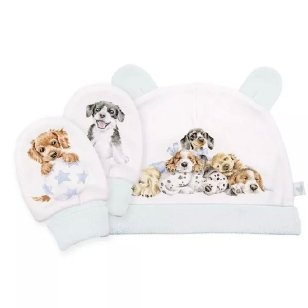 Wrendale Designs 'Little Paws' Baby Newborn Hat & Mitten Set. Dog Design.