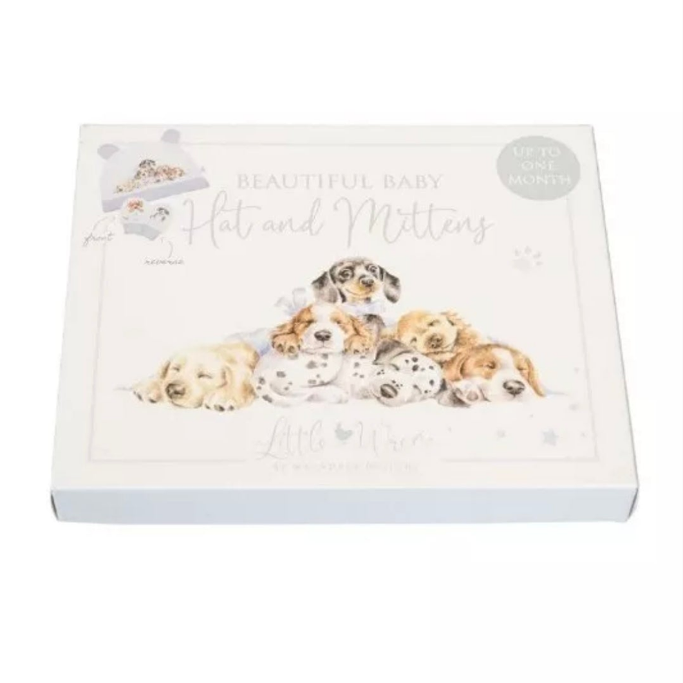 Wrendale Designs 'Little Paws' Baby Newborn Hat & Mitten Set. Dog Design.