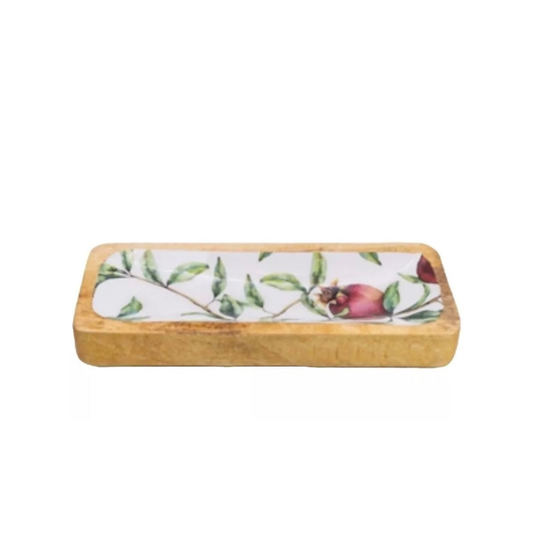 Rectangular Wood Dish With Pomegranate Enamel Top. 30.5cm