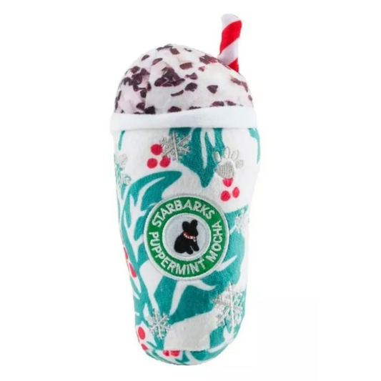 Fun Parody Dog Toy, Starbarks Holly Leaves Puppermint Mocha Cup Plush Dog Toy